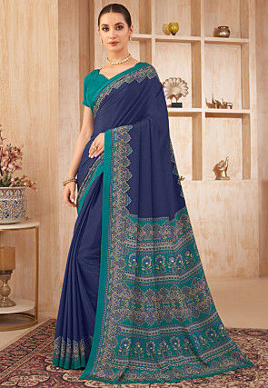 Digital Printed Crepe Silk Saree in Navy Blue
