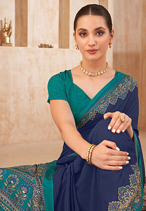 Digital Printed Crepe Silk Saree in Navy Blue