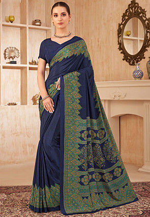 Digital Printed Crepe Silk Saree in Navy Blue