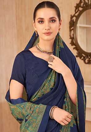 Digital Printed Crepe Silk Saree in Navy Blue