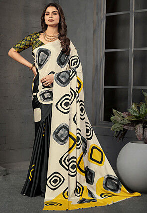 Half N Half Crepe Silk Saree in Off White and Black