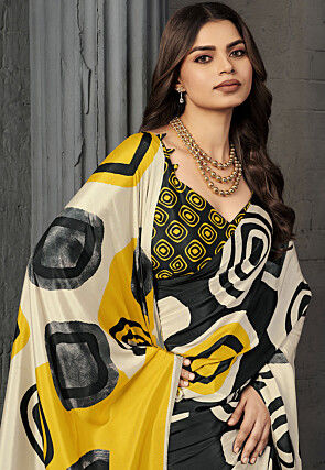 Half N Half Crepe Silk Saree in Off White and Black