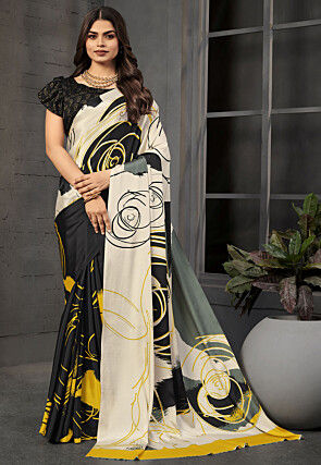 Half N Half Crepe Silk Saree in Off White