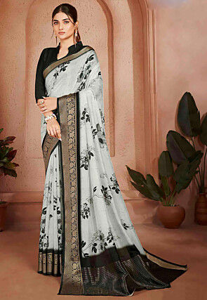 Digital Printed Crepe Silk Saree in Off White