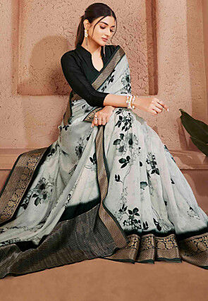 Digital Printed Crepe Silk Saree in Off White