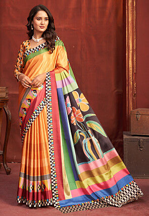 Digital Printed Crepe Silk Saree in Orange