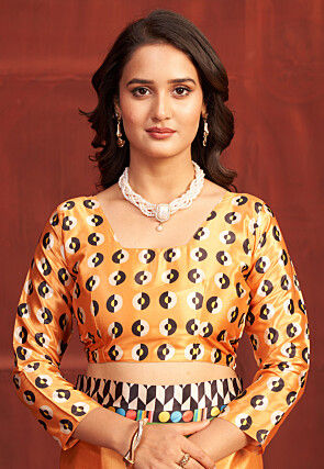 Digital Printed Crepe Silk Saree in Orange