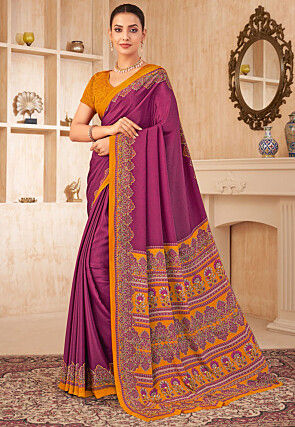 Digital Printed Crepe Silk Saree in Purple