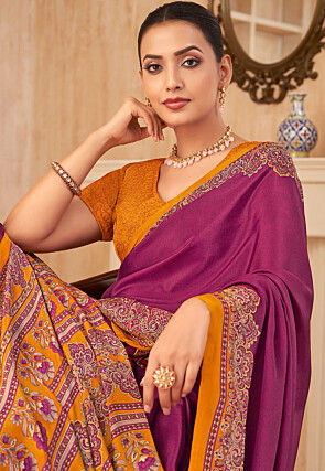 Digital Printed Crepe Silk Saree in Purple