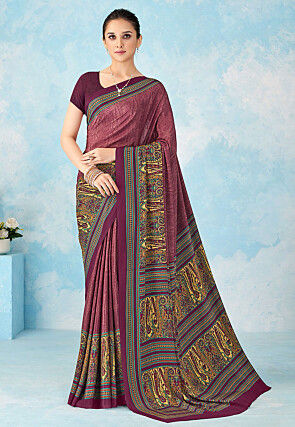 Digital Printed Crepe Silk Saree in Purple