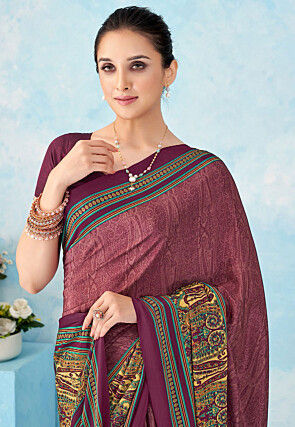 Digital Printed Crepe Silk Saree in Purple
