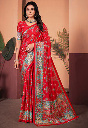 Digital Printed Crepe Silk Saree in Red