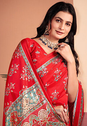 Digital Printed Crepe Silk Saree in Red