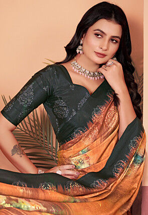 Digital Printed Crepe Silk Saree in Rust