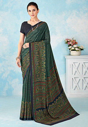 Digital Printed Crepe Silk Saree in Teal Blue