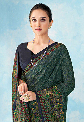 Digital Printed Crepe Silk Saree in Teal Blue