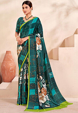 Digital Printed Crepe Silk Saree in Teal Green and Multicolor