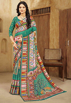 Digital Printed Crepe Silk Saree in Teal Green