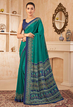 Digital Printed Crepe Silk Saree in Teal Green