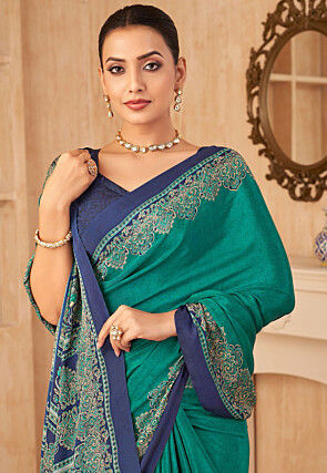Digital Printed Crepe Silk Saree in Teal Green