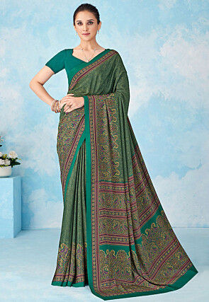 Digital Printed Crepe Silk Saree in Teal Green