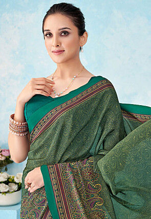 Digital Printed Crepe Silk Saree in Teal Green