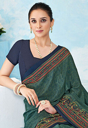 Digital Printed Crepe Silk Saree in Teal Green