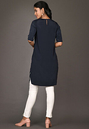 Digital Printed Crepe Straight Kurta in Navy Blue