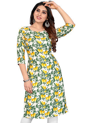 Digital Printed Crepe Straight Kurta in Off White