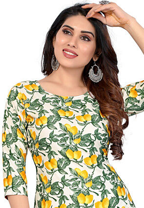 Digital Printed Crepe Straight Kurta in Off White