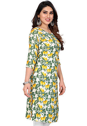 Digital Printed Crepe Straight Kurta in Off White