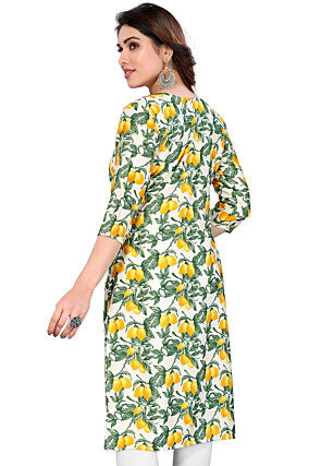 Digital Printed Crepe Straight Kurta in Off White