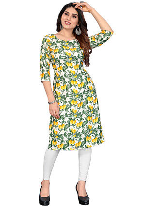 Digital Printed Crepe Straight Kurta in Off White