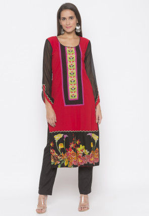 Digital Printed Crepe Straight Kurta in Red