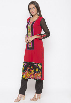 Digital Printed Crepe Straight Kurta in Red