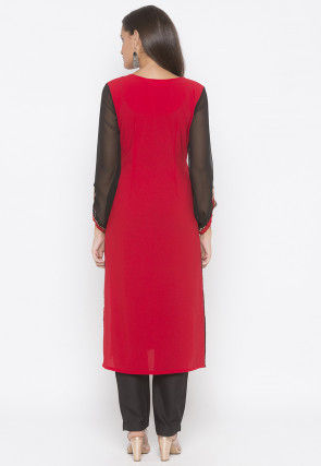 Digital Printed Crepe Straight Kurta in Red