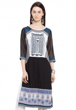 Digital Printed Crepe Straight Kurta in Black and White