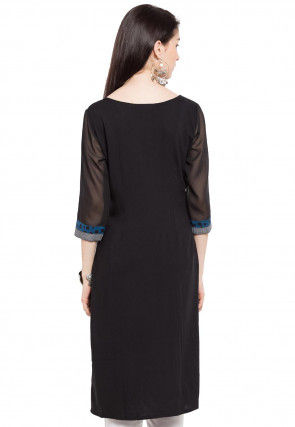 Digital Printed Crepe Straight Kurta in Black and White