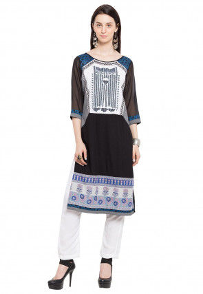 Digital Printed Crepe Straight Kurta in Black and White