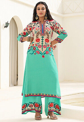 Digital Printed Crepe Straight Kurta Set in Cream and Sea Green