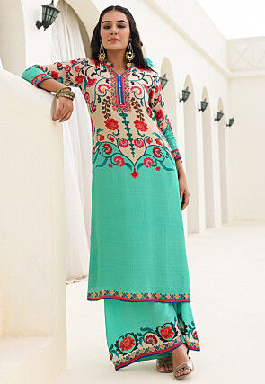 Digital Printed Crepe Straight Kurta Set in Cream and Sea Green