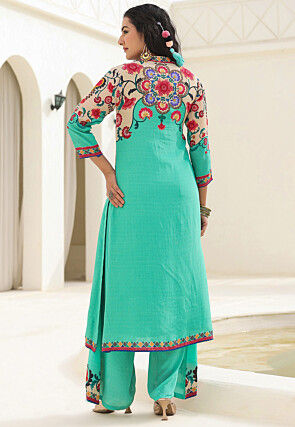 Digital Printed Crepe Straight Kurta Set in Cream and Sea Green