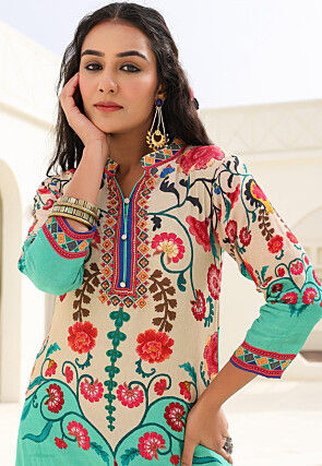 Digital Printed Crepe Straight Kurta Set in Cream and Sea Green