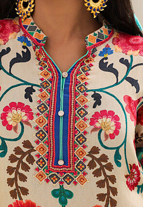 Digital Printed Crepe Straight Kurta Set in Cream and Sea Green