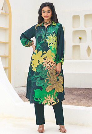 Digital Printed Crepe Straight Kurta Set in Dark Green