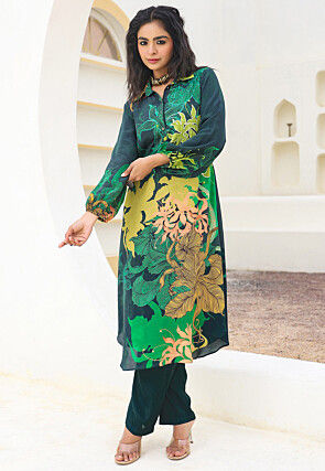 Digital Printed Crepe Straight Kurta Set in Dark Green