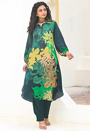Digital Printed Crepe Straight Kurta Set in Dark Green