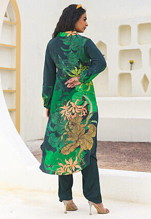 Digital Printed Crepe Straight Kurta Set in Dark Green