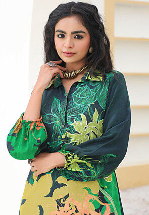 Digital Printed Crepe Straight Kurta Set in Dark Green