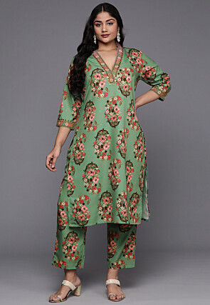 Digital Printed Crepe Straight Kurta Set in Green
